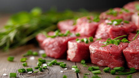 A pile of fresh, marbled red beef chunks sits on a dark wooden table, surrounded by a sprinkle of coarse salt and pepper, showing the quality and texture ideal for a hearty meal.の素材