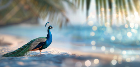 A vibrant peacock walks gracefully on the sandy beach, with gentle waves lapping at the shore during sunset, showcasing its stunning plumage against a colorful sky and calm ocean backdrop.の素材