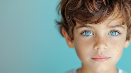 A young boy with bright blue eyes and freckles gazes directly at the camera, surrounded by soft, diffused natural light, capturing a moment of innocence and curiosity.の素材