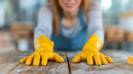 A woman in yellow cleaning gloves stretches her hands forward, ready to clean a wooden table in a bright, indoor space. The focus highlights her preparation for the task ahead.の素材