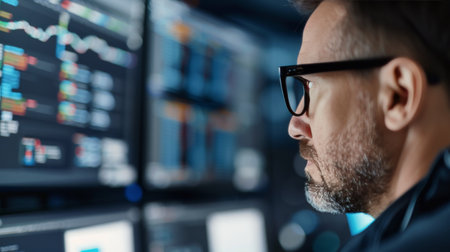 A focused woman wearing glasses gazes thoughtfully, illuminated by soft bokeh lighting in the background. The warm glow creates an atmosphere of contemplation and concentration as evening approaches.の素材