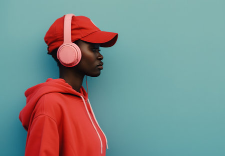 A person with short hair dons a bright red hoodie and a matching cap, listening intently with pink headphones. The striking teal background enhances their focused expression and stylish outfit.の素材