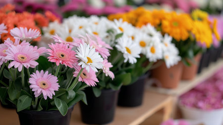 A vibrant display of chrysanthemums in shades of pink, white, and orange fills the market stall, showing the beauty of spring flowers during a bustling day.の素材