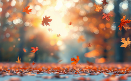 Sunlight filters through a forest filled with vibrant orange and brown leaves. Several leaves gracefully tumble to the ground, creating a serene autumn atmosphere as the day transitions to evening.の素材