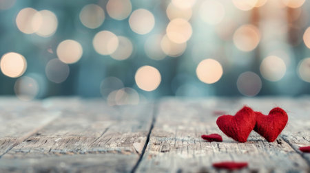 A line of red glitter hearts rests on a wooden surface, creating a cheerful display with a soft, blurred bokeh background of fairy lights, perfect for romantic occasions or celebrations.の素材