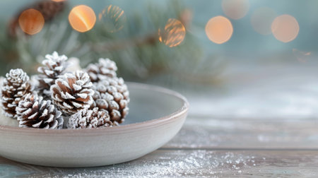 A rustic plate holds several snow-dusted pinecones, surrounded by a scattering of snow. In the background, soft bokeh lights create a warm, festive atmosphere perfect for winter decor.の素材