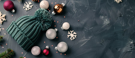 A cozy green knit hat is placed on a dark surface, surrounded by festive Christmas ornaments in various colors and winter-themed snowflakes, creating a warm and cheerful holiday vibe.の素材