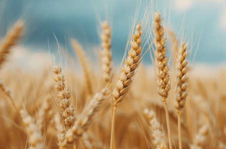 Wheat stalks sway gently in a golden field, with one prominent ear standing tall against a backdrop of dark, looming clouds. The scene captures the contrast between vibrant crops and an impending storm.の素材