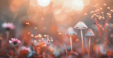 A delicate mushroom stands among white flowers and vibrant orange leaves, illuminated by warm sunlight filtering through the trees in an enchanting autumn forest.の素材