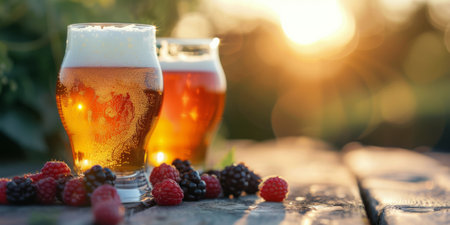 Two glasses of frothy beer sit on a rustic wooden table, accompanied by fresh berries. The warm glow of the sunset creates a serene atmosphere in a garden setting.の素材