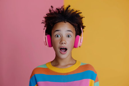 A young woman with short hair and wide eyes expresses surprise while wearing pink headphones. She is dressed in a multicolored polka-dot sweater, standing in front of a vibrant pink background adorned with colorful dots.の素材