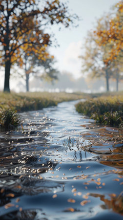 A stream gracefully means through a vibrant green field. The water glistens under the sun, reflecting the surrounding lush foliage. Trees line the banks of the stream, their leaves rustling in the gentle breeze. The landscape is alive with the colors of nature, creating a harmonious scene.の素材