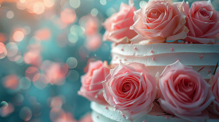 A three-tiered wedding cake adorned with elegant pink and white flowers, perfect for a romantic celebration.の素材