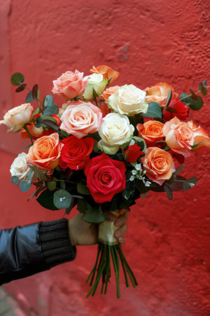 A person holding a bouquet of pink roses in their hands.の素材