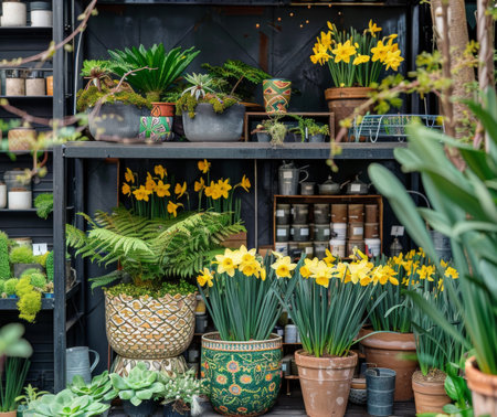 A shelf packed with various potted plants of different sizes and types, creating a dense and colorful display of greenery indoors.の素材