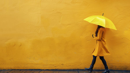 A woman walks down a city street, holding a bright yellow umbrella to shield herself from the rain.の素材