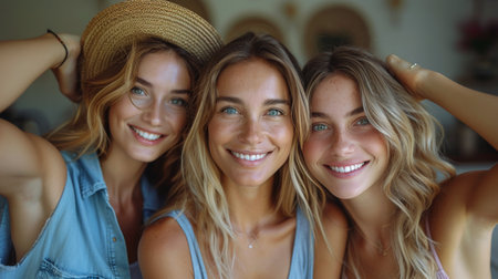 Two young women, one with long hair and the other with a bob haircut, stand side by side looking towards the camera.の素材