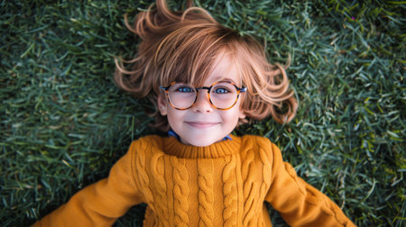 A little girl with spectacles is laying down on the green grass.の素材