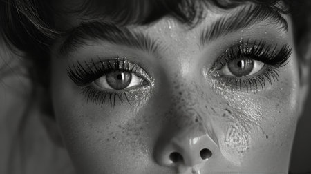 A black and white portrait of a woman with prominent freckles on her face, showing her natural beauty.の素材