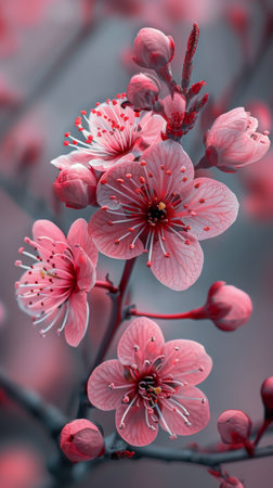 A detailed view of a tree showing vibrant pink flowers blooming all over its branches. The petals are fully open, displaying their distinct color against the green leaves.の素材