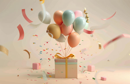 A colorful gift box surrounded by vibrant balloons and streamers of confetti, creating a festive and celebratory atmosphere. The balloons float cheerfully, while the confetti adds a playful touch to the scene.の素材