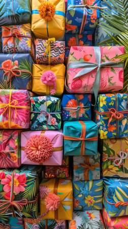 A collection of wrapped presents sitting closely together in a stack, displaying a variety of sizes and colors.の素材