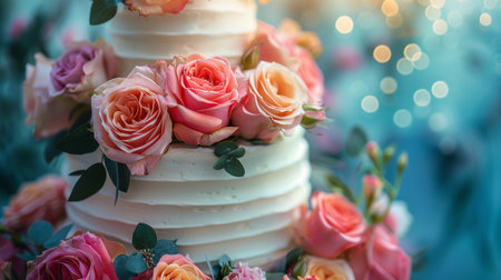 A wedding cake decorated with vibrant pink and orange flowers, adding a colorful and elegant touch to the celebration.の素材