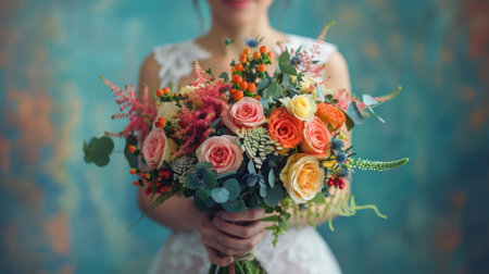 A woman standing holding a bouquet of colorful flowers in her hands, showing the beauty of natures creations.の素材