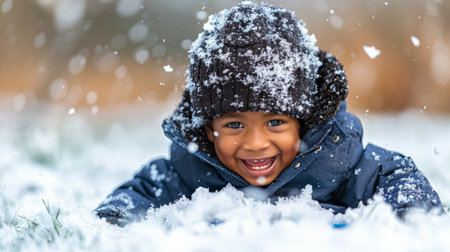 A young child happily sits on a sled in a snowy landscape, enjoying a winter day outdoors.の素材