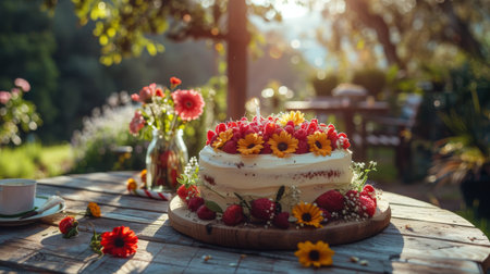 A table covered with a variety of dishes, including a decadent cake and plates of delicious food.の素材