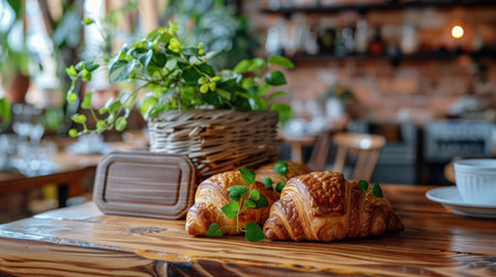 Freshly baked croissants and pastries displayed on a wooden table.の素材