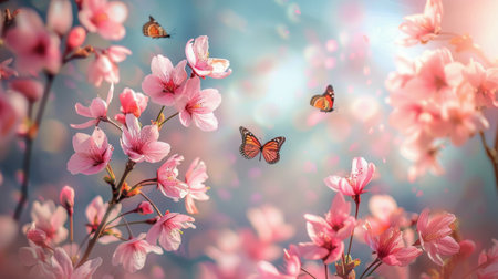 A multitude of pink flowers populate the image, with a butterfly fluttering over them. The colorful contrast between the flowers and the butterfly creates a vibrant scene in nature.の素材