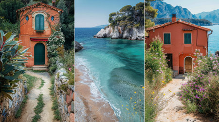 Three distinct houses located on the water with unique architectures and surroundings.の素材
