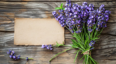Multiple lavender flowers placed next to a paper sheet, creating a simple yet elegant arrangement.の素材
