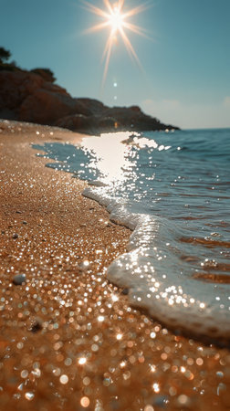 A wooden table positioned to showcase a stunning view of the ocean with swaying palm trees in the background.の素材