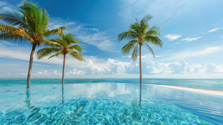 A swimming pool surrounded by palm trees with the vast ocean in the background, creating a tropical paradise.の素材