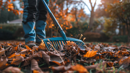 A person is cleaning up fallen leaves using a broom on the ground in a suburban backyard.の素材