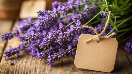 Lavender flowers arranged in a bunch on a wooden table.の素材