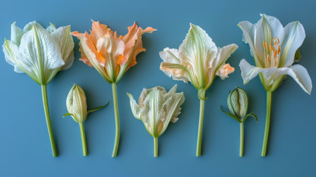 Several flowers arranged neatly on a bright blue tabletop.の素材