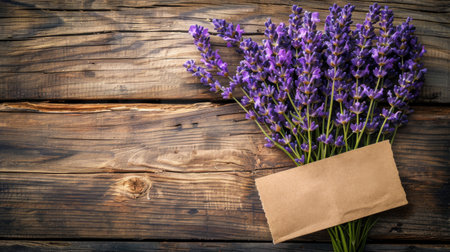 Lavender flowers arranged in a bunch on a wooden table.の素材