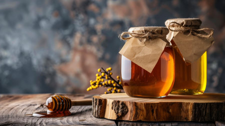 A jar filled with honey placed on a wooden table, showing the golden color and sweetness of the natural product.の素材