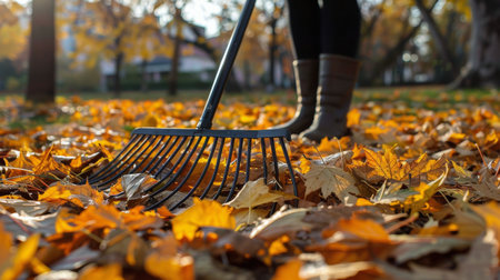 A person is cleaning up fallen leaves using a broom on the ground in a suburban backyard.の素材