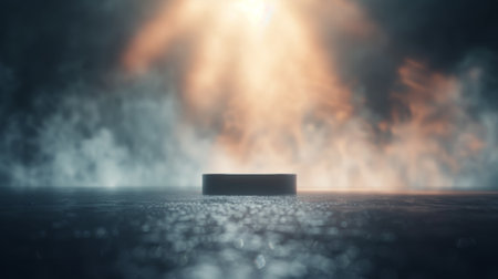 A powerful beam of light pierces through the dark, smoky atmosphere, creating a dramatic contrast against a solid, rectangular pedestal. The surrounding environment is shrouded in mystery and intrigue.の素材