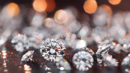 A collection of round, sparkling diamonds rests on a wooden surface, illuminated by soft, twinkling lights in the background, creating a festive and luxurious atmosphere.の素材