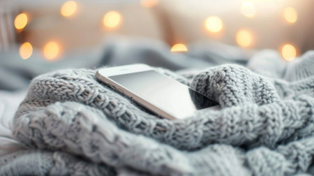 A smartphone lies on a knitted blanket, surrounded by soft bokeh lights creating a warm atmosphere. The scene evokes comfort and relaxation, perfect for a cozy evening at home.の素材