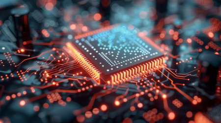 A close-up view of a circuit board showing intricate red and blue patterns, highlighting the complex pathways and connections within the technology, emphasizing the modern digital landscape.の素材