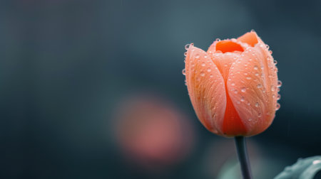 A vibrant orange flower bud stands out against a blurred, muted background, showing delicate petals and green leaves, symbolizing the beauty of spring as it prepares to bloom.の素材