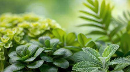 Fresh green mint leaves glisten with water droplets, showing their textured surface under natural light, creating a refreshing atmosphere.の素材