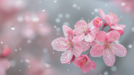 Delicate pink flowers bloom on a slender branch, showing vibrant petals and gentle green leaves, capturing the essence of spring's beauty in a soft, tranquil setting.の素材