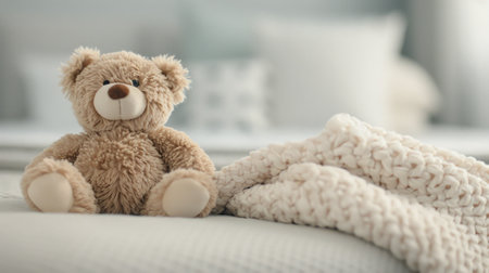 A plush teddy bear sits comfortably on a bed, illuminated by soft, warm lighting from blurred decorations, creating a serene and cozy atmosphere perfect for relaxation.の素材